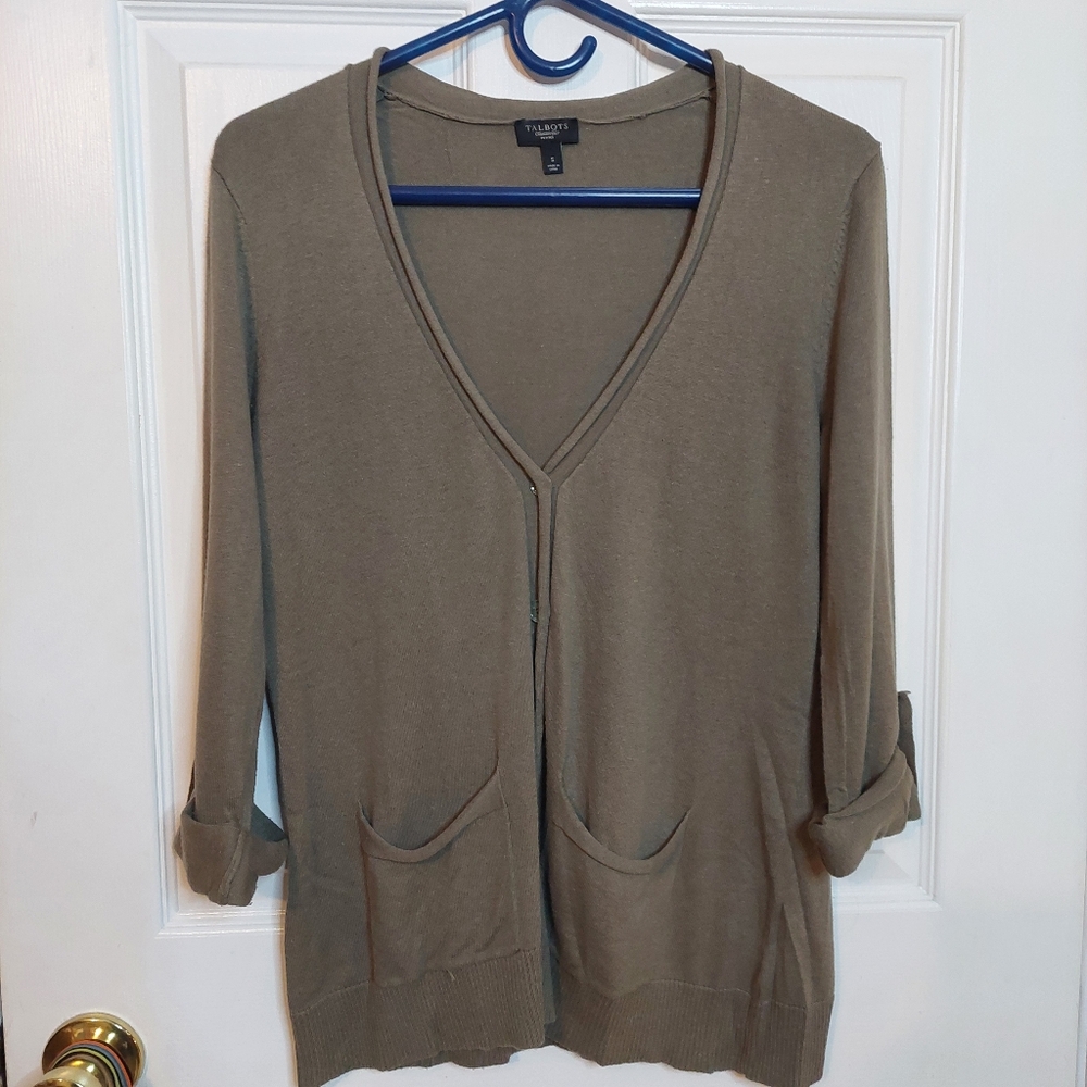 Talbots Brown V Neck Button Front Cardigan 3/4 Roll Tab Sleeve Size Petite S